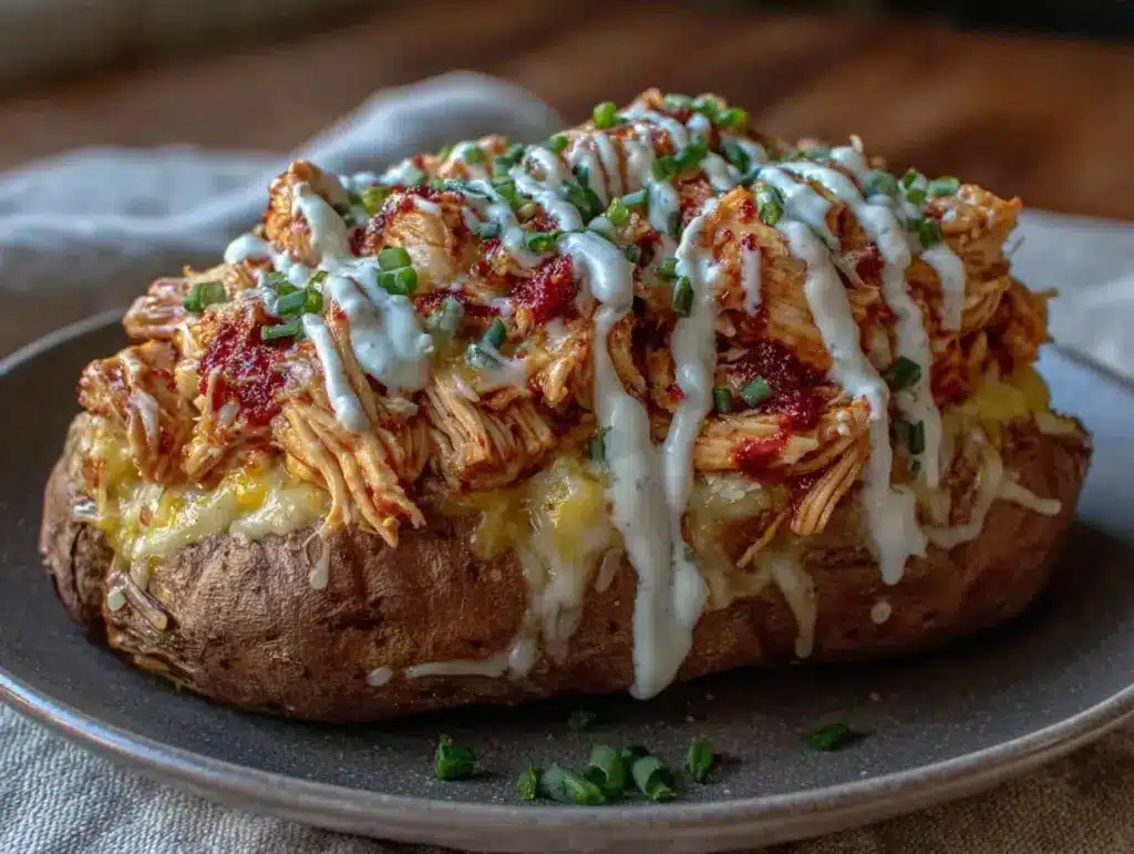 easy buffalo chicken stuffed sweet potatoes - featured image