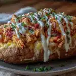 easy buffalo chicken stuffed sweet potatoes - featured image