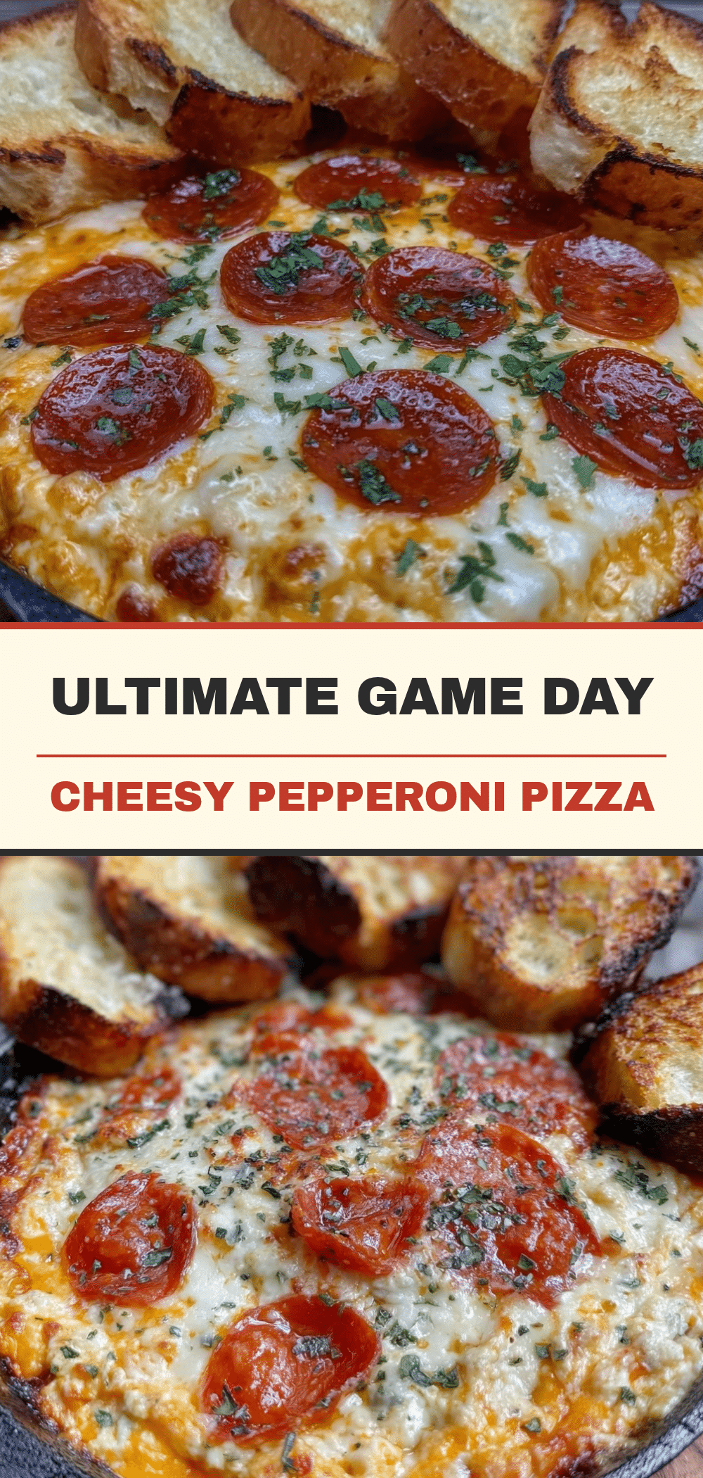 Game Day Cheesy Pepperoni Pizza Dip With Garlic Bread 5 Game Day Cheesy Pepperoni Pizza Dip recipe
